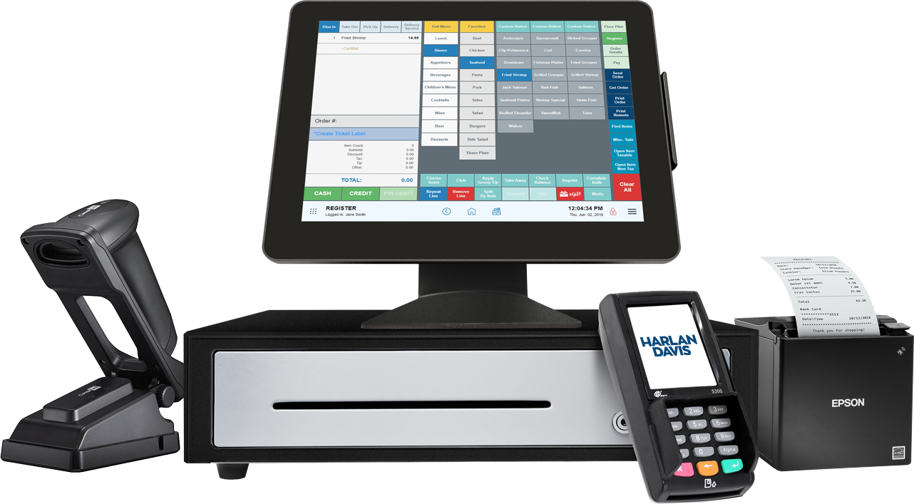 Point-of-sale system consisting of scan gun, cash drawer, touch screen, credit card terminal displaying Harlan Davis logo, and receipt printer.