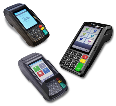 Three different models of credit card terminals.